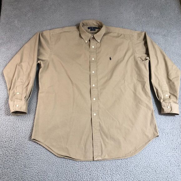 Polo Ralph Lauren Shirt Mens Large Beige‎ Blake Preppy Button Down Long Sleeve - Picture 1 of 9
